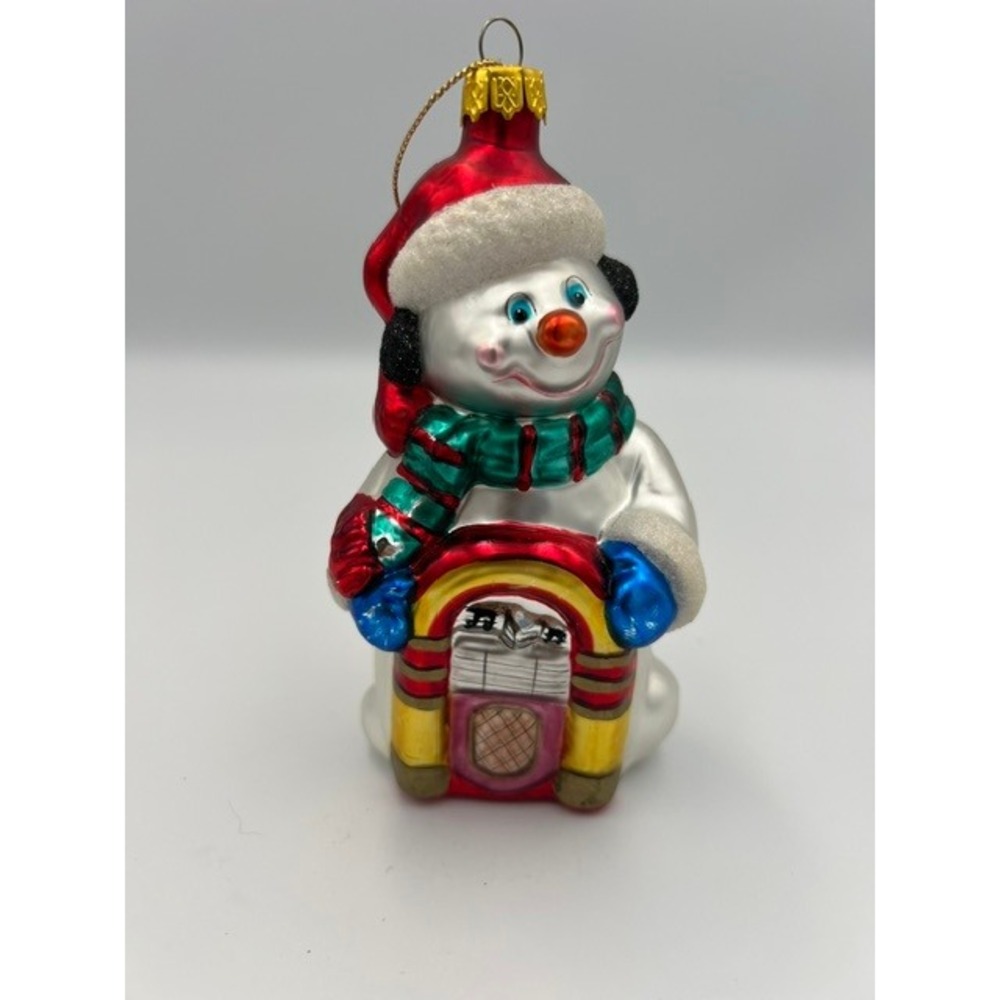 Vintage Snowman Retro Jukebox Glass Christmas Ornament Santa Hat 5.25in 1990's - Picture 1 of 12